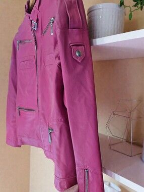 Avenue Genuine Leather Fuchsia Moto Jacket | Size 16
